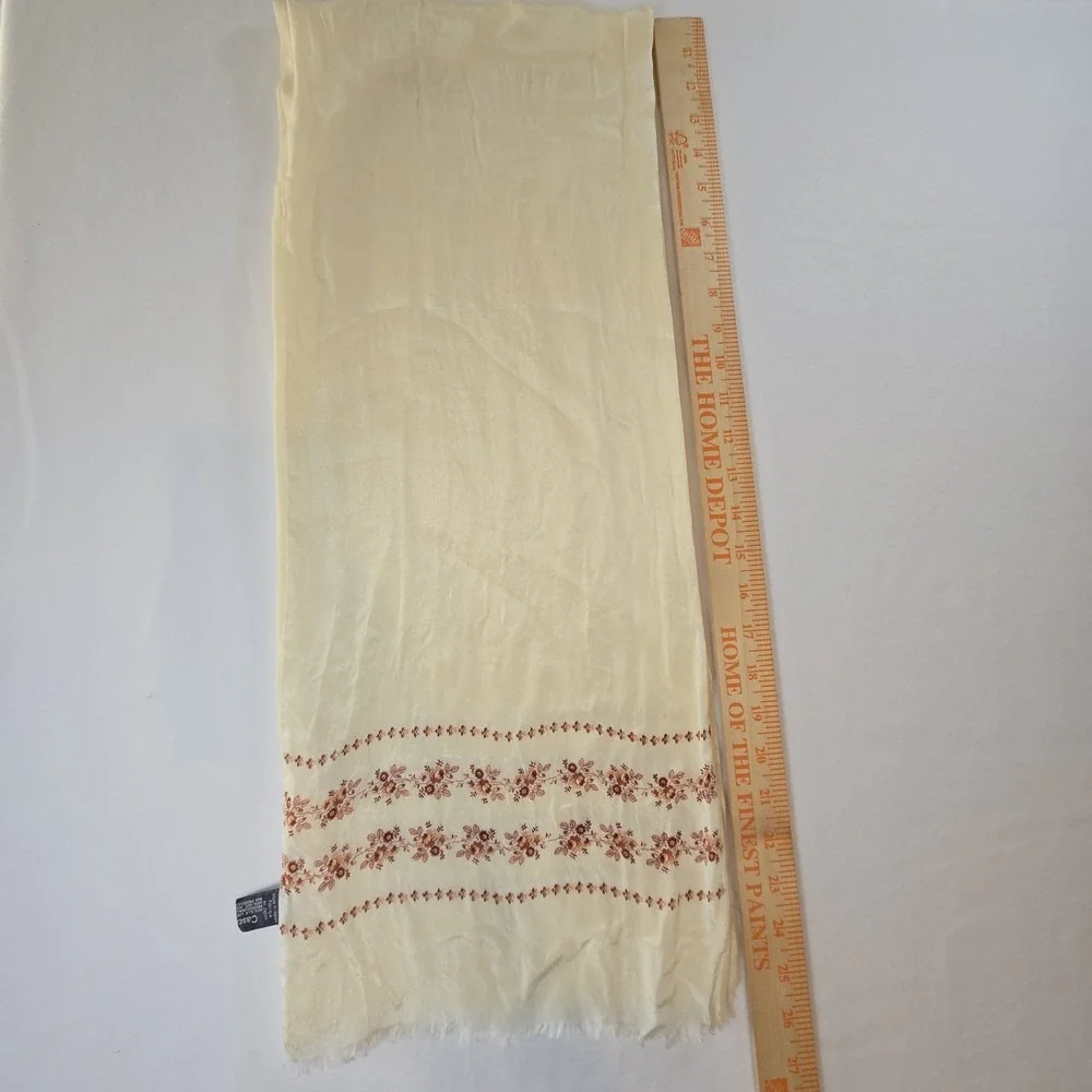 Vintage Casa Japan Silk Wool Floral Scarf Cream Ivory Romantic Boho Fringe‎